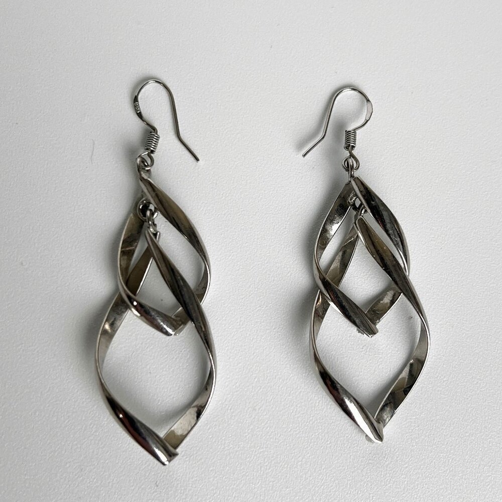Sterling Silver 925 Dangle Earrings Spiral Twist Modern Casual Formal Occasion